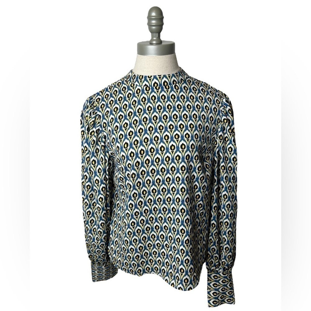 Cupcakes & Cashmere Peacock Abstract Printed Mock Neck Long Sleeve Blouse Small - Picture 10 of 13